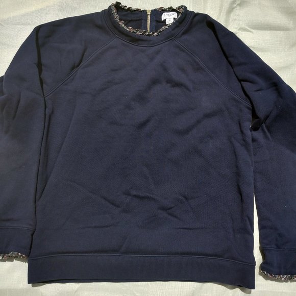 J Crew Sweatshirt, Navy Blue,Zip-up back, floral trim cuffs and neckline, Size M - Picture 1 of 4